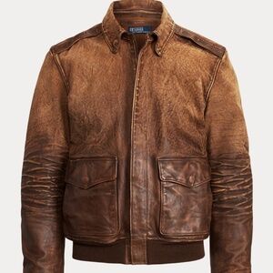 Polo Ralph Lauren Mens Brown Vintage Hand Detailed Leather Flight Bomber Jacket